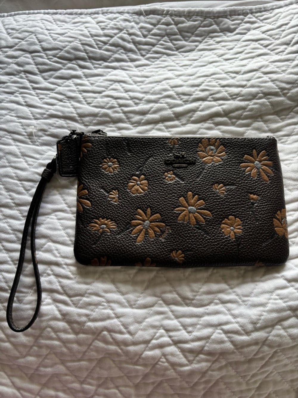 Coach Brown Leather Floral Wristlet with Tan Applique